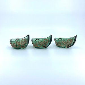 Set of 3 green candle holders. Holds tea candles. Light brown stones glued on.